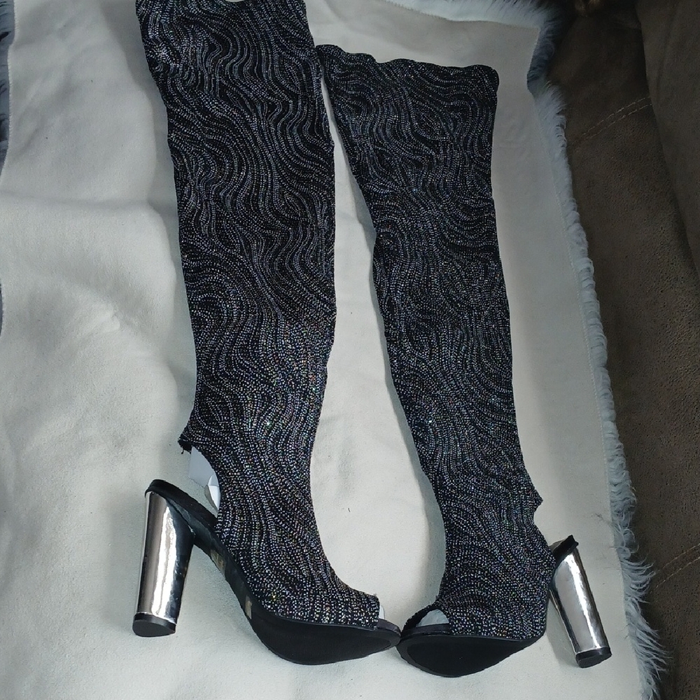 New Silver and Black Over-the-Knee Peeptoe  Boots